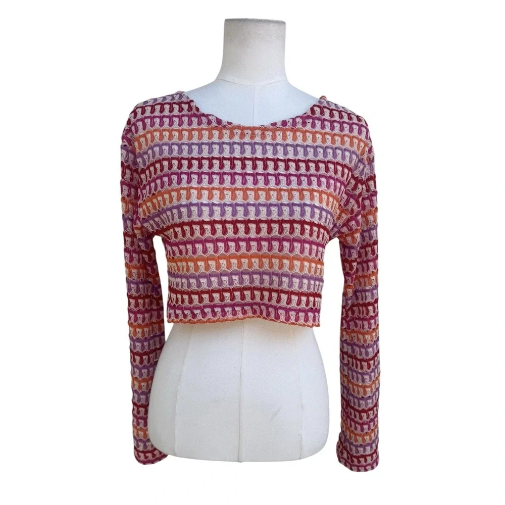 Womens Crochet Knit Crop Top Pink Orange Sheer Long Sleeve Beach Cover Up Boho